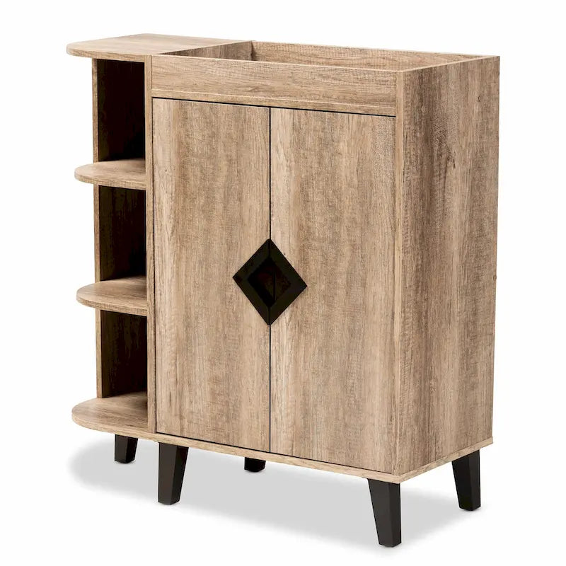 Meuble à chaussures moderne rustique à 2 portes | Finition chêne | 4 étagères intérieures | Étagère ouverte | Pieds coniques