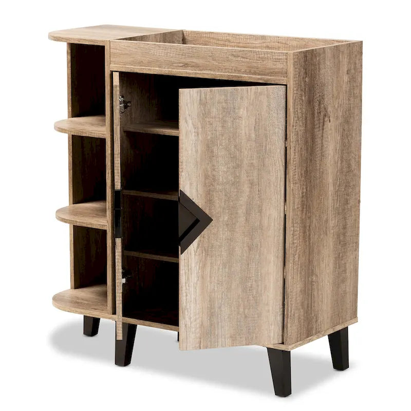 Meuble à chaussures moderne rustique à 2 portes | Finition chêne | 4 étagères intérieures | Étagère ouverte | Pieds coniques