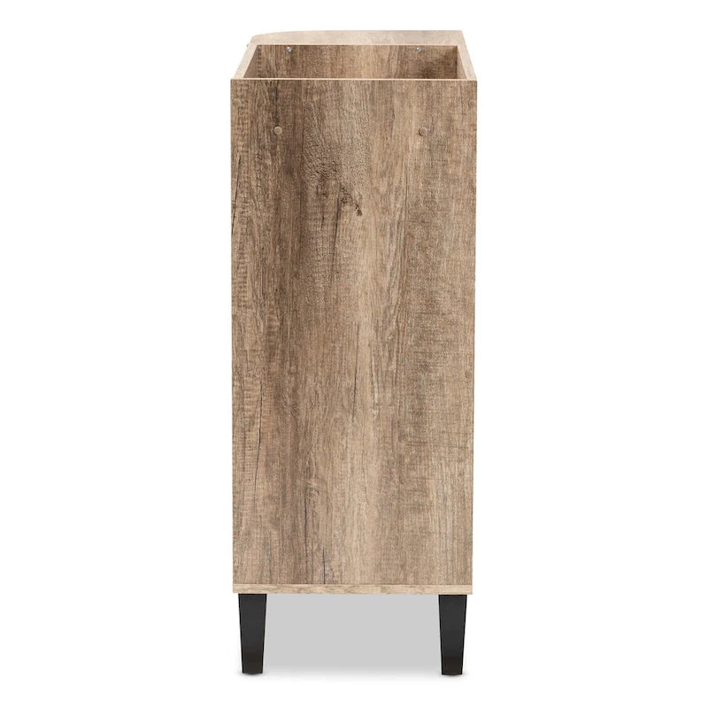Meuble à chaussures moderne rustique à 2 portes | Finition chêne | 4 étagères intérieures | Étagère ouverte | Pieds coniques