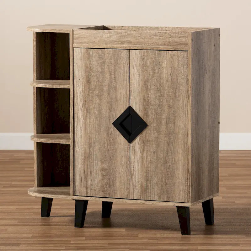 Meuble à chaussures moderne rustique à 2 portes | Finition chêne | 4 étagères intérieures | Étagère ouverte | Pieds coniques