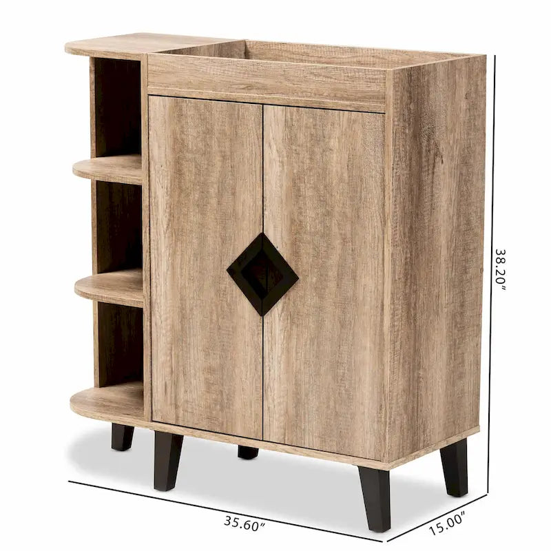 Meuble à chaussures moderne rustique à 2 portes | Finition chêne | 4 étagères intérieures | Étagère ouverte | Pieds coniques