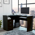 TUHOME Mix L-Shaped Desk with Open Shelving, 2 Drawers, and a Retractable Keyboard