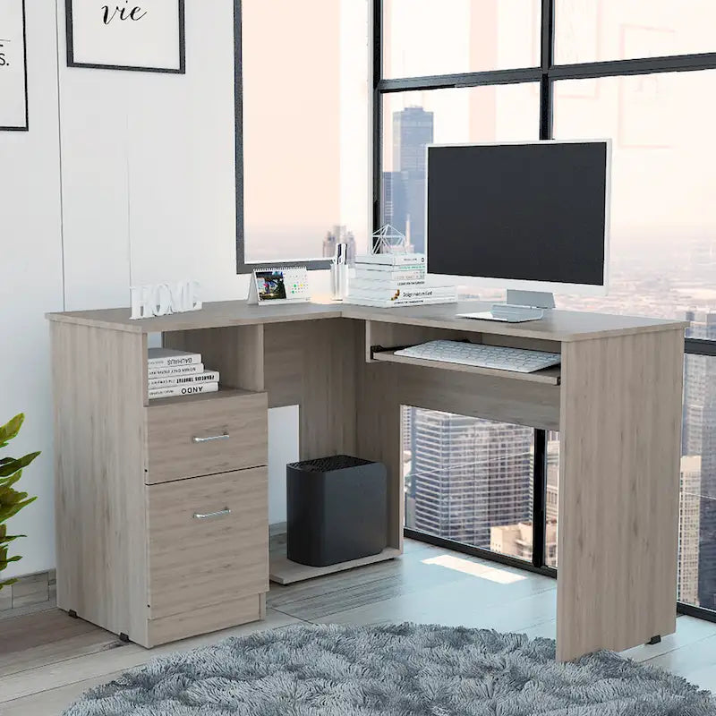 Bureau en L | Étagères ouvertes | 2 tiroirs | Tablette coulissante pour clavier | 3 options de couleur