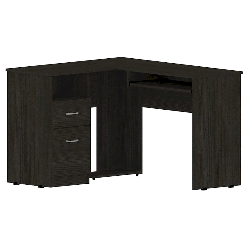 Bureau en L | Étagères ouvertes | 2 tiroirs | Tablette coulissante pour clavier | 3 options de couleur