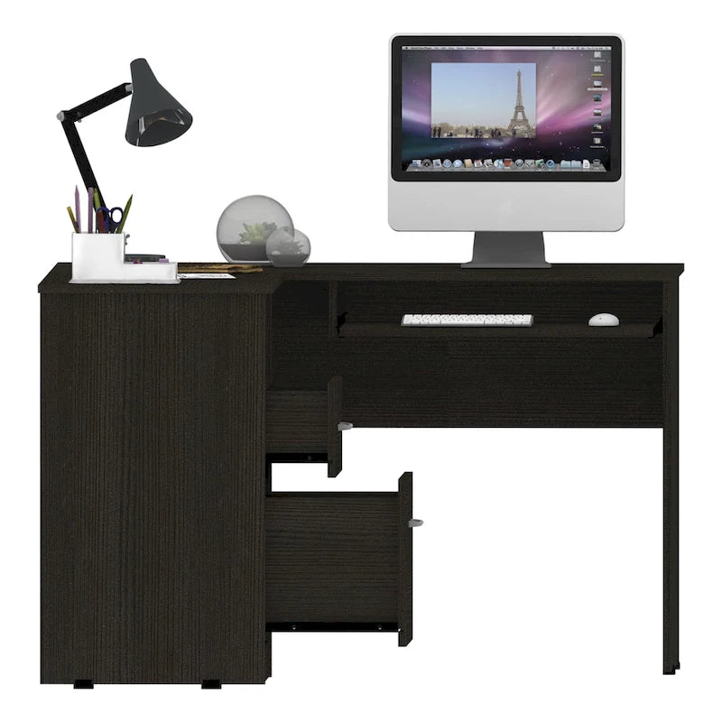 Bureau en L | Étagères ouvertes | 2 tiroirs | Tablette coulissante pour clavier | 3 options de couleur