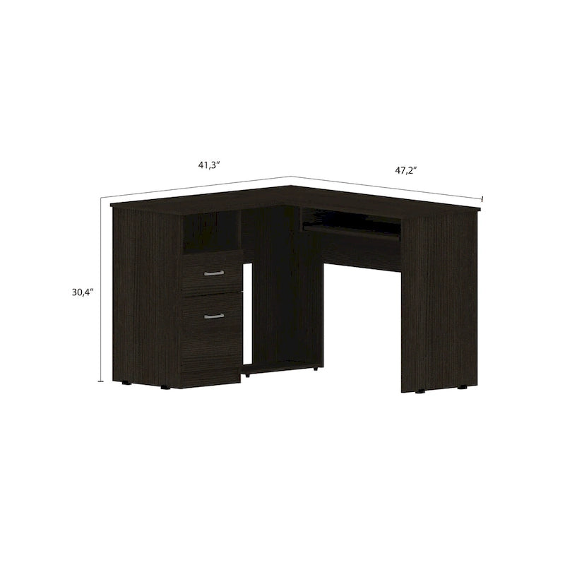 Bureau en L | Étagères ouvertes | 2 tiroirs | Tablette coulissante pour clavier | 3 options de couleur