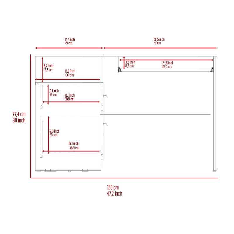 Bureau en L | Étagères ouvertes | 2 tiroirs | Tablette coulissante pour clavier | 3 options de couleur