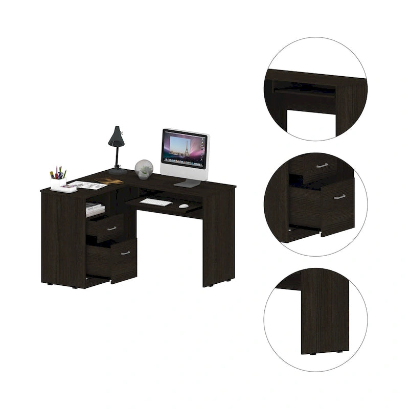 Bureau en L | Étagères ouvertes | 2 tiroirs | Tablette coulissante pour clavier | 3 options de couleur