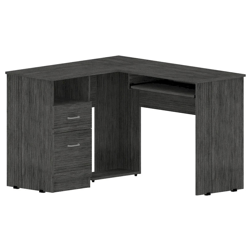 Bureau en L | Étagères ouvertes | 2 tiroirs | Tablette coulissante pour clavier | 3 options de couleur