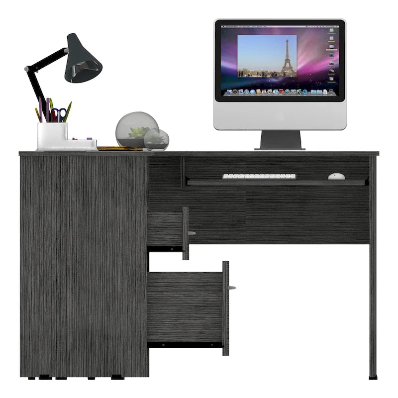 Bureau en L | Étagères ouvertes | 2 tiroirs | Tablette coulissante pour clavier | 3 options de couleur