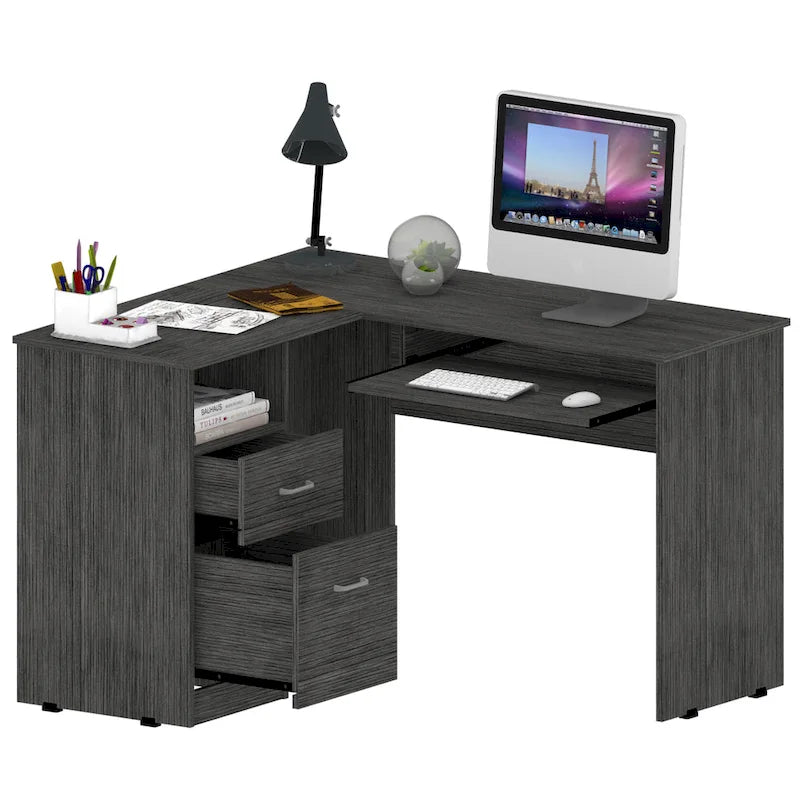 Bureau en L | Étagères ouvertes | 2 tiroirs | Tablette coulissante pour clavier | 3 options de couleur