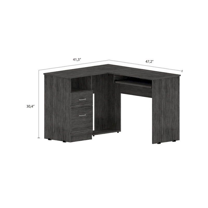Bureau en L | Étagères ouvertes | 2 tiroirs | Tablette coulissante pour clavier | 3 options de couleur