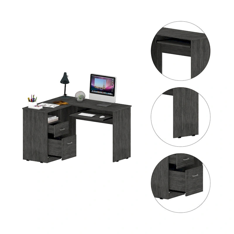 Bureau en L | Étagères ouvertes | 2 tiroirs | Tablette coulissante pour clavier | 3 options de couleur