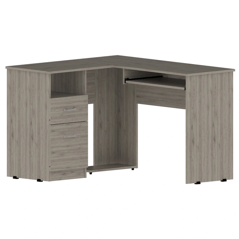 Bureau en L | Étagères ouvertes | 2 tiroirs | Tablette coulissante pour clavier | 3 options de couleur