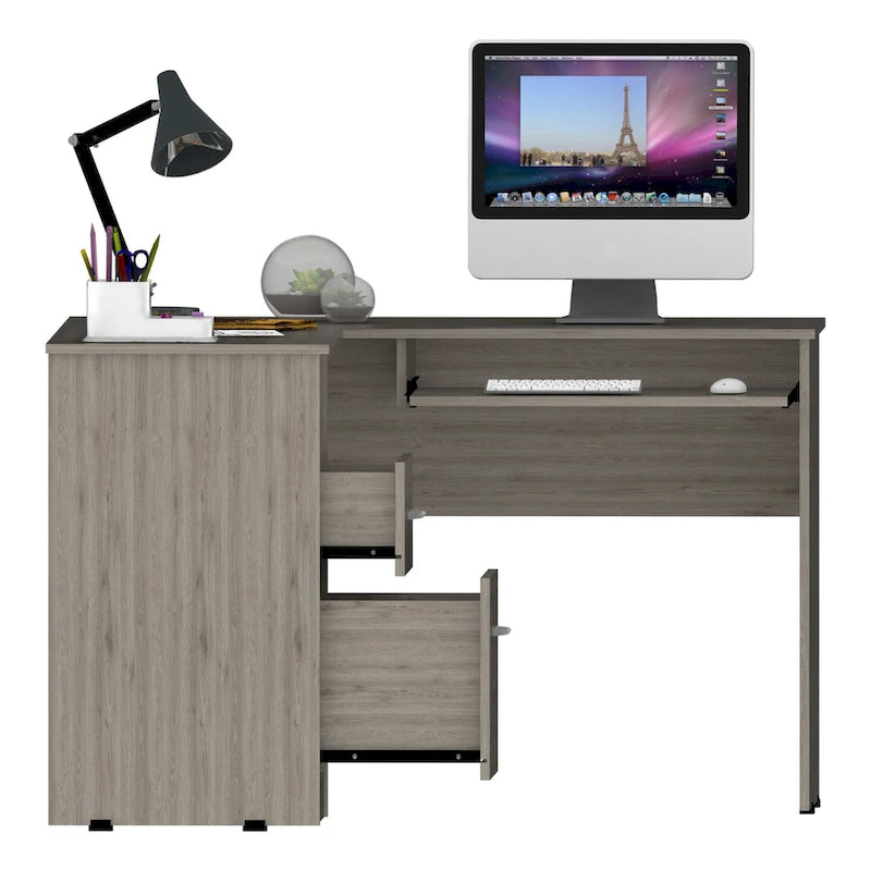 Bureau en L | Étagères ouvertes | 2 tiroirs | Tablette coulissante pour clavier | 3 options de couleur