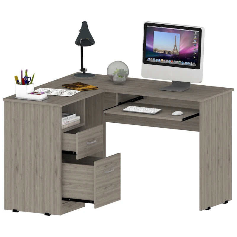 Bureau en L | Étagères ouvertes | 2 tiroirs | Tablette coulissante pour clavier | 3 options de couleur