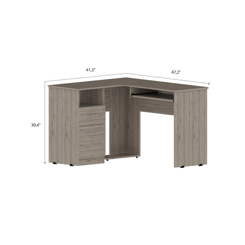 Bureau en L | Étagères ouvertes | 2 tiroirs | Tablette coulissante pour clavier | 3 options de couleur