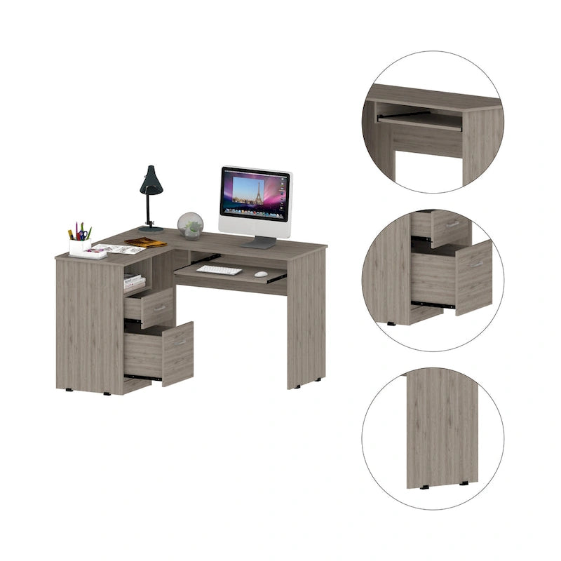 Bureau en L | Étagères ouvertes | 2 tiroirs | Tablette coulissante pour clavier | 3 options de couleur