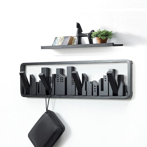 Porte-manteaux et porte-serviettes mural de 56,6 cm avec 4 patères rabattables — Bois Noir Silhouette de Ville