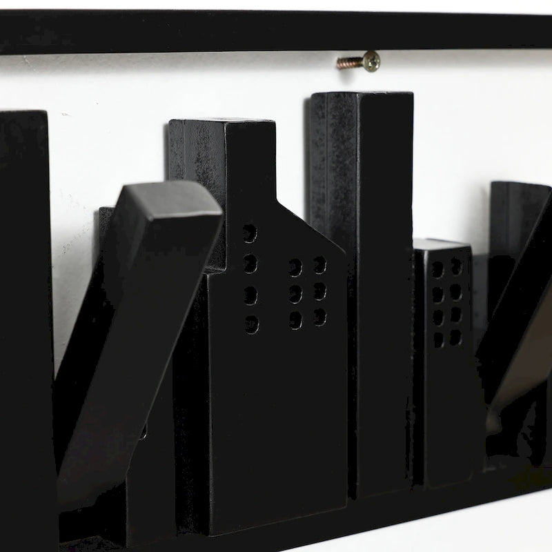Porte-manteaux et porte-serviettes mural de 56,6 cm avec 4 patères rabattables — Bois Noir Silhouette de Ville