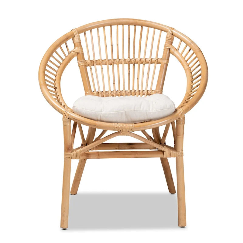 Chaise de salle à manger moderne bohème en rotin naturel avec coussin en tissu — Blanc et marron naturel