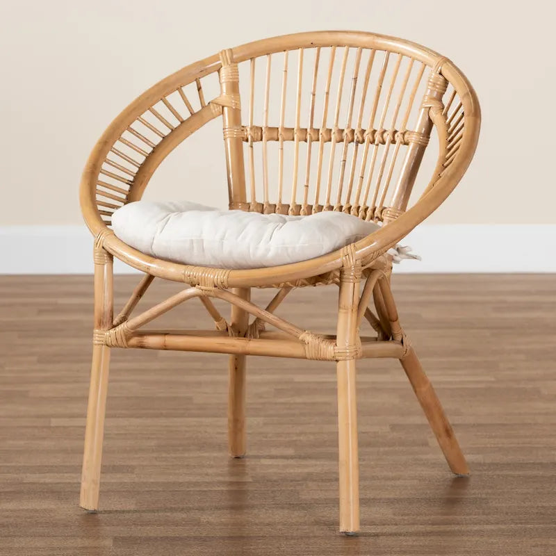 Chaise de salle à manger moderne bohème en rotin naturel avec coussin en tissu — Blanc et marron naturel