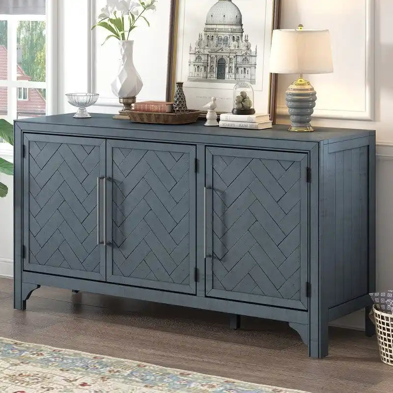 Buffet 3 portes en pin | Étagères réglables | Grand espace de rangement | Bleu marine ou gris