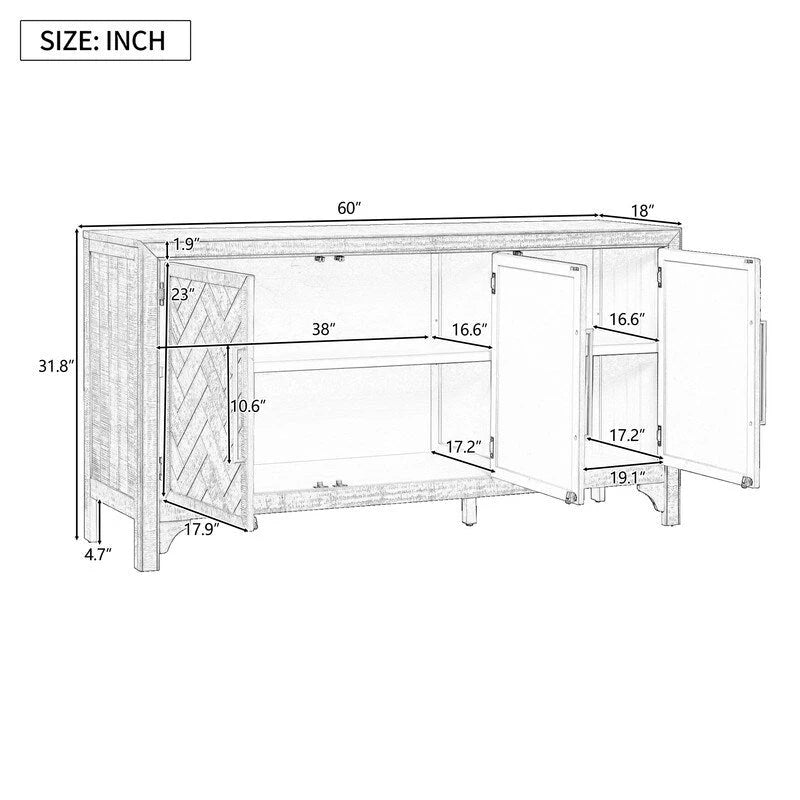 Buffet 3 portes en pin | Étagères réglables | Grand espace de rangement | Bleu marine ou gris