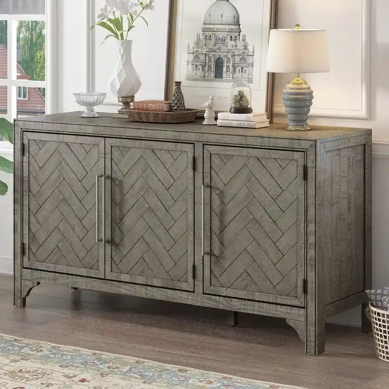 Buffet 3 portes en pin | Étagères réglables | Grand espace de rangement | Bleu marine ou gris