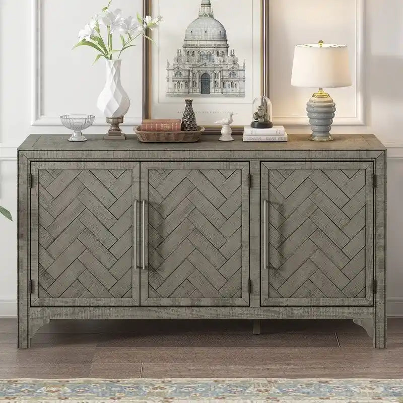 Buffet 3 portes en pin | Étagères réglables | Grand espace de rangement | Bleu marine ou gris