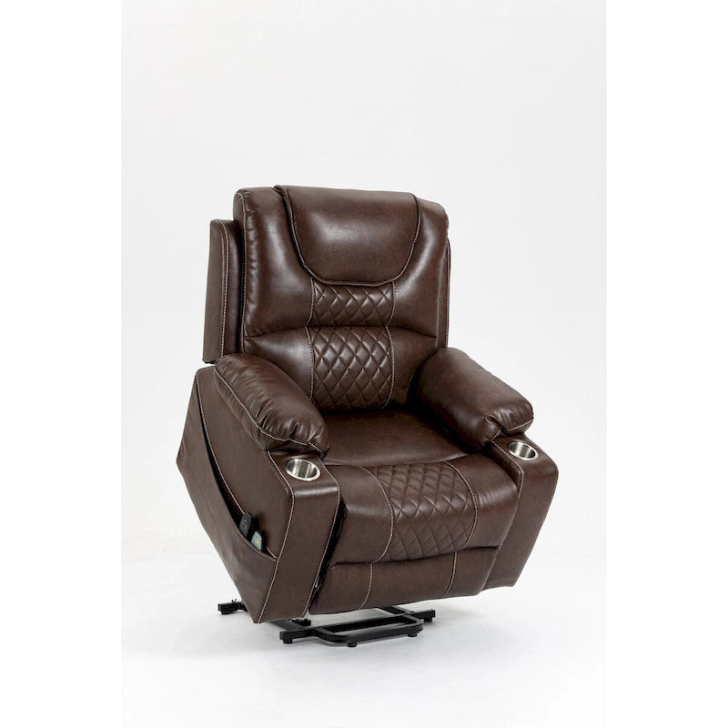 Fauteuil inclinable releveur électrique avec massage, chaleur lombaire et porte-gobelets — Cuir marron
