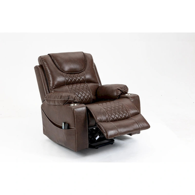 Fauteuil inclinable releveur électrique avec massage, chaleur lombaire et porte-gobelets — Cuir marron