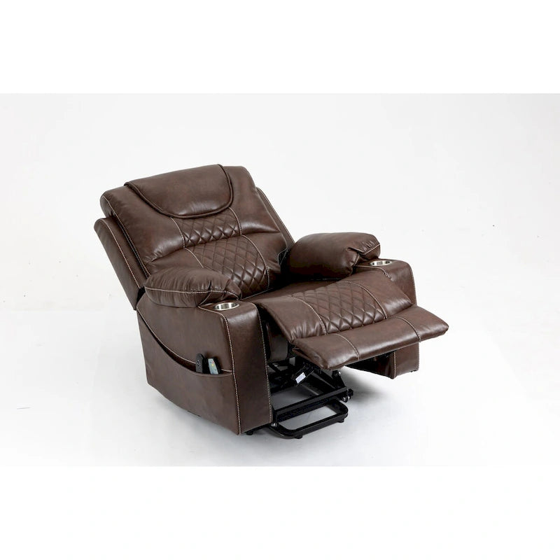 Fauteuil inclinable releveur électrique avec massage, chaleur lombaire et porte-gobelets — Cuir marron