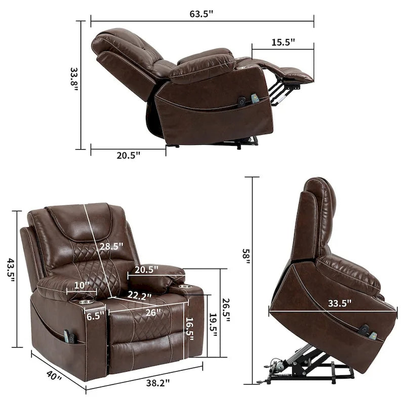 Fauteuil inclinable releveur électrique avec massage, chaleur lombaire et porte-gobelets — Cuir marron