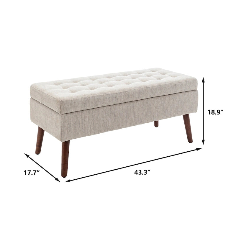 Banc de rangement capitonné en tissu de lin et pieds en bois massif — Chambre à coucher et entrée