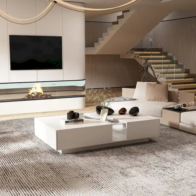 Table basse moderne à LED avec plateau en verre trempé et 2 tiroirs de rangement — Blanc