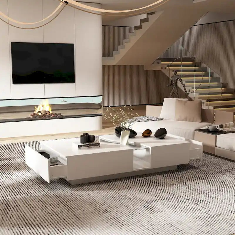 Table basse moderne à LED avec plateau en verre trempé et 2 tiroirs de rangement — Blanc