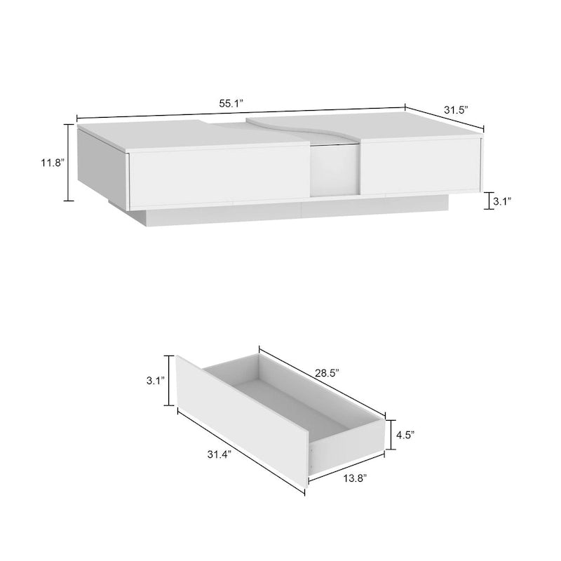 Table basse moderne à LED avec plateau en verre trempé et 2 tiroirs de rangement — Blanc