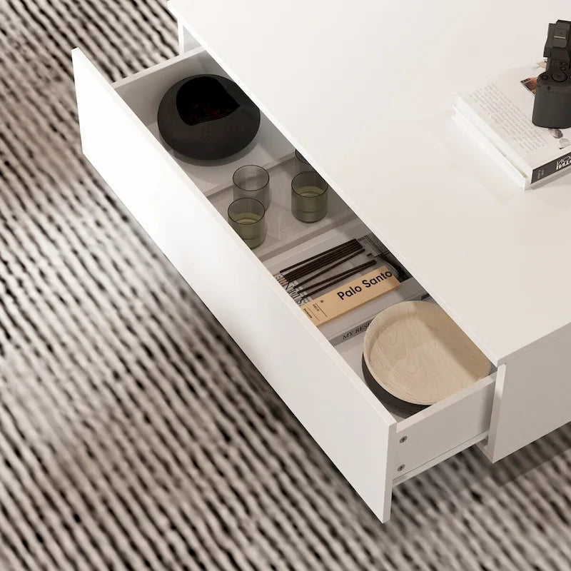 Table basse moderne à LED avec plateau en verre trempé et 2 tiroirs de rangement — Blanc