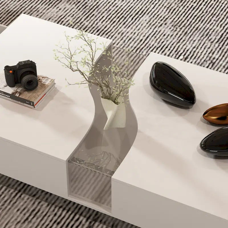Table basse moderne à LED avec plateau en verre trempé et 2 tiroirs de rangement — Blanc
