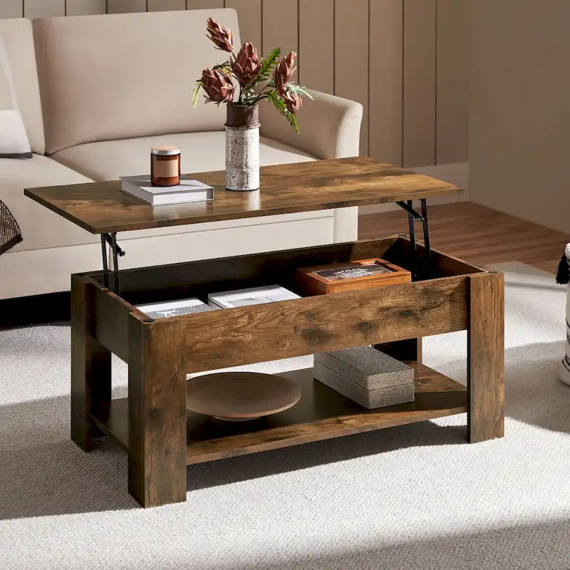 Table basse relevable de 98 cm avec rangement caché et étagère inférieure — Multifonctionnelle