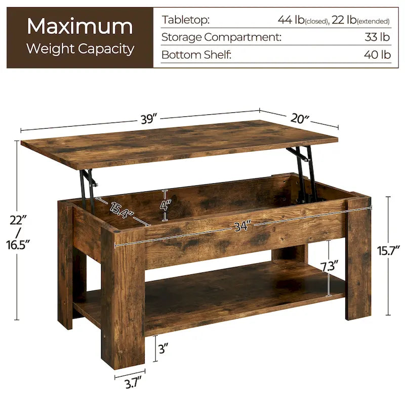 Table basse relevable de 98 cm avec rangement caché et étagère inférieure — Multifonctionnelle