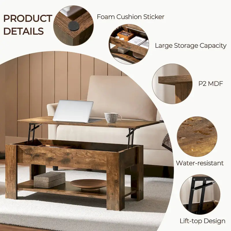 Table basse relevable de 98 cm avec rangement caché et étagère inférieure — Multifonctionnelle