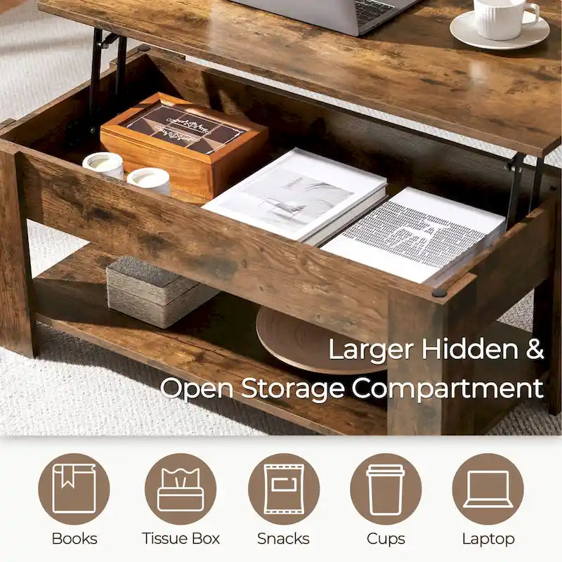 Table basse relevable de 98 cm avec rangement caché et étagère inférieure — Multifonctionnelle