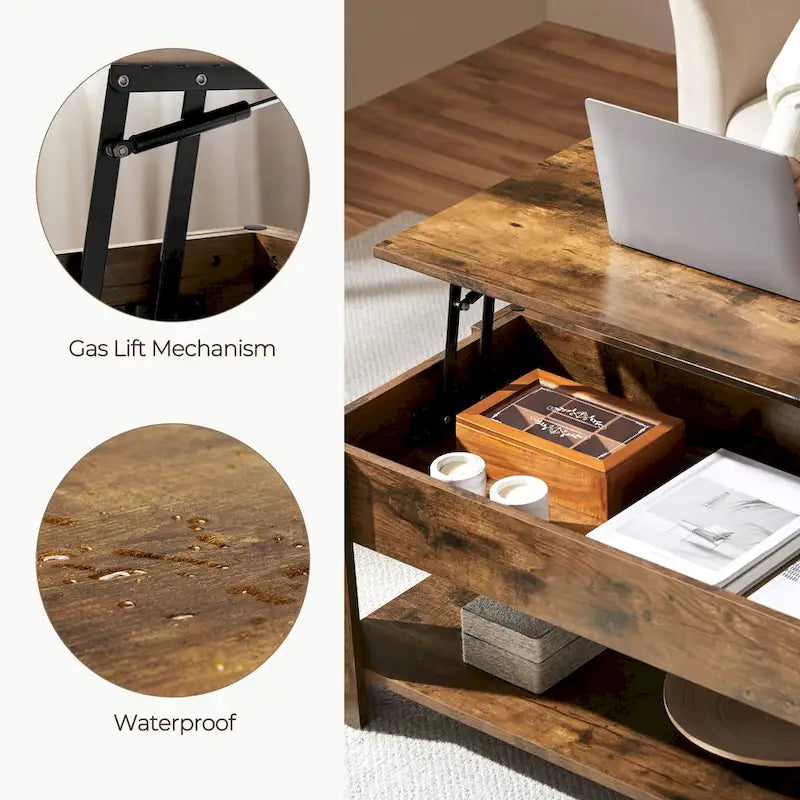 Table basse relevable de 98 cm avec rangement caché et étagère inférieure — Multifonctionnelle