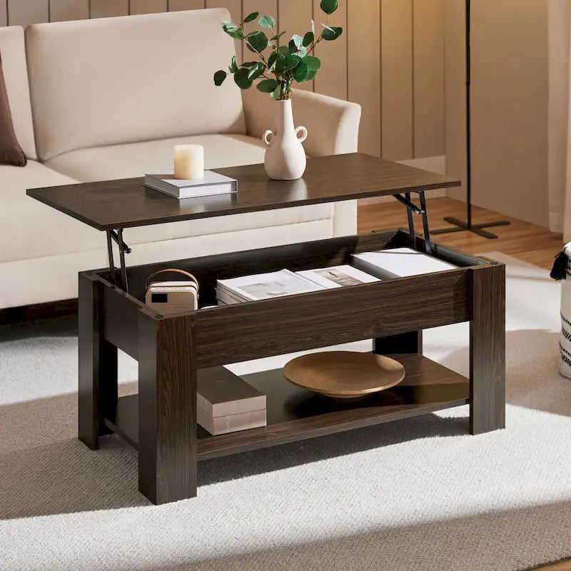 Table basse relevable de 98 cm avec rangement caché et étagère inférieure — Multifonctionnelle
