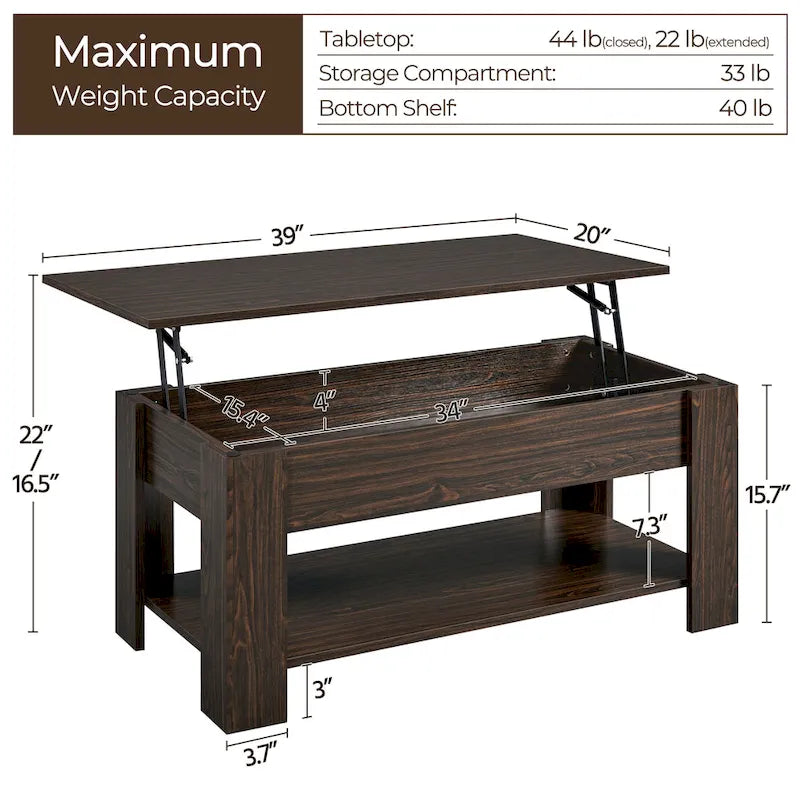Table basse relevable de 98 cm avec rangement caché et étagère inférieure — Multifonctionnelle
