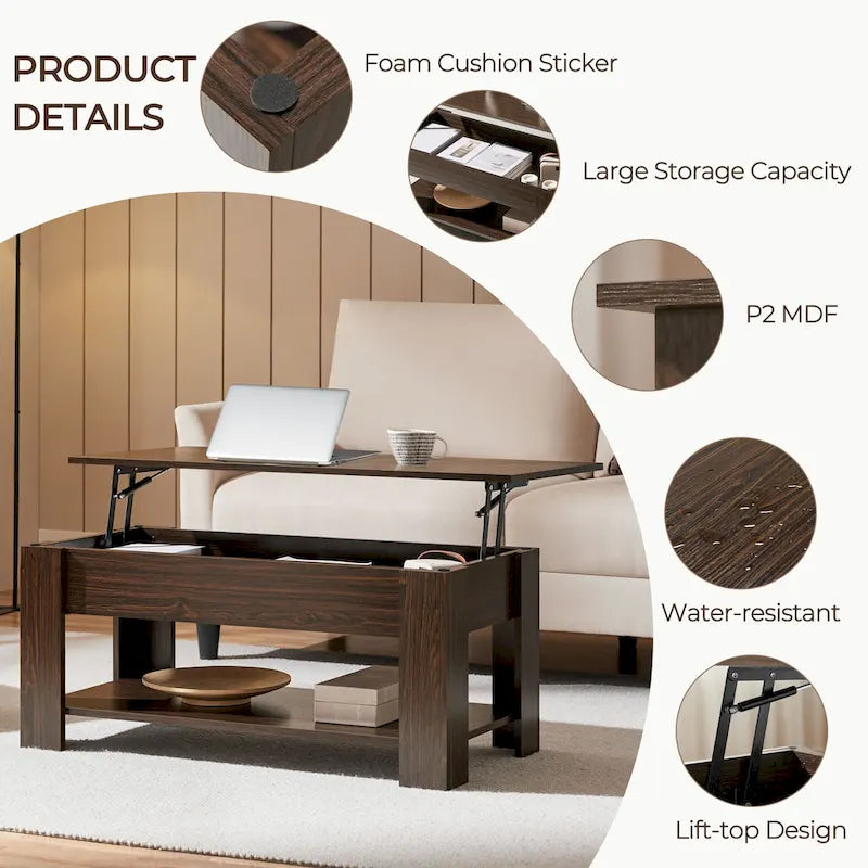 Table basse relevable de 98 cm avec rangement caché et étagère inférieure — Multifonctionnelle