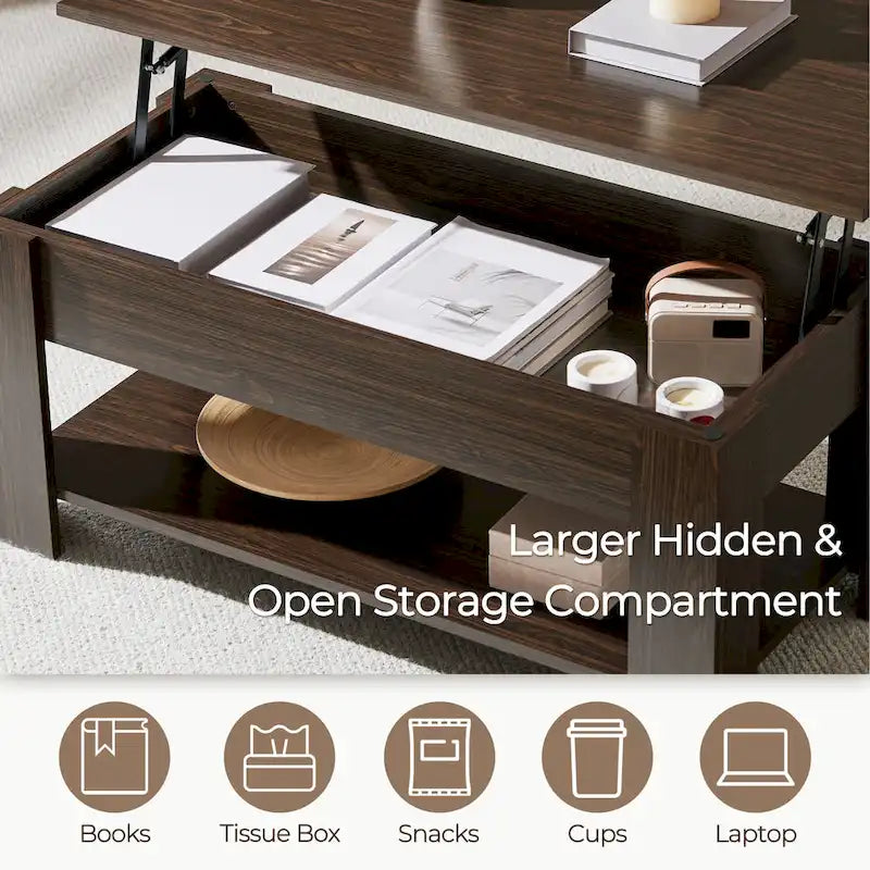 Table basse relevable de 98 cm avec rangement caché et étagère inférieure — Multifonctionnelle