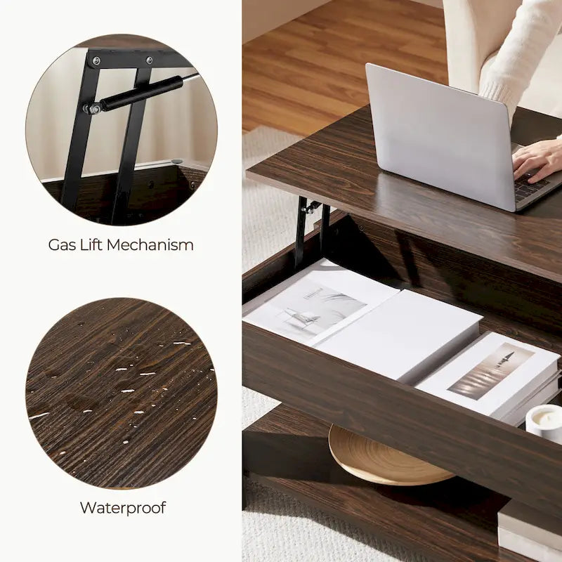 Table basse relevable de 98 cm avec rangement caché et étagère inférieure — Multifonctionnelle